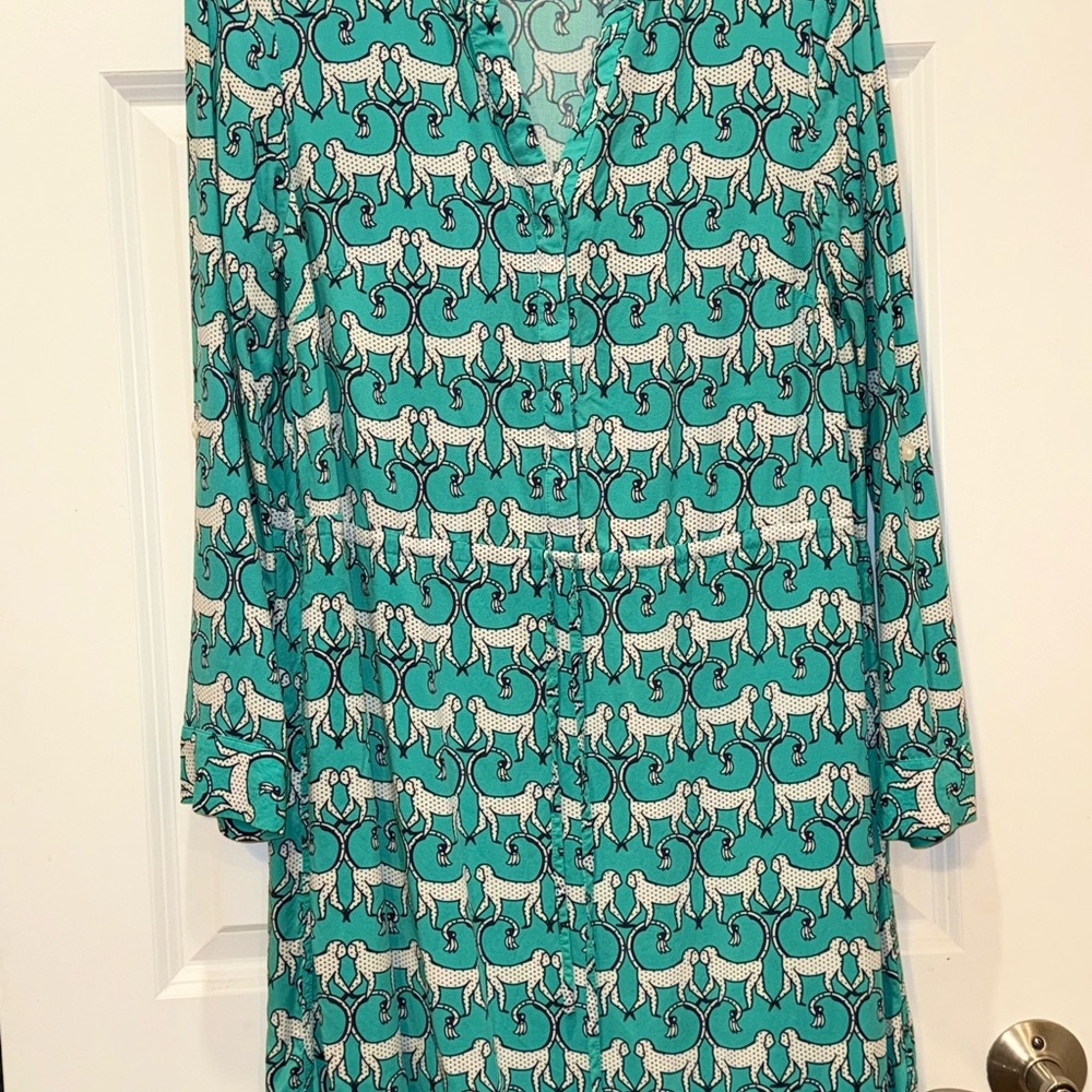 Crown & Ivy White and Teal Long Sleeve V-Neck Sundress